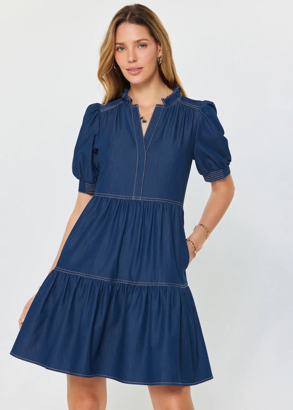 Denim Tiered Short Sleeve Mini Dress