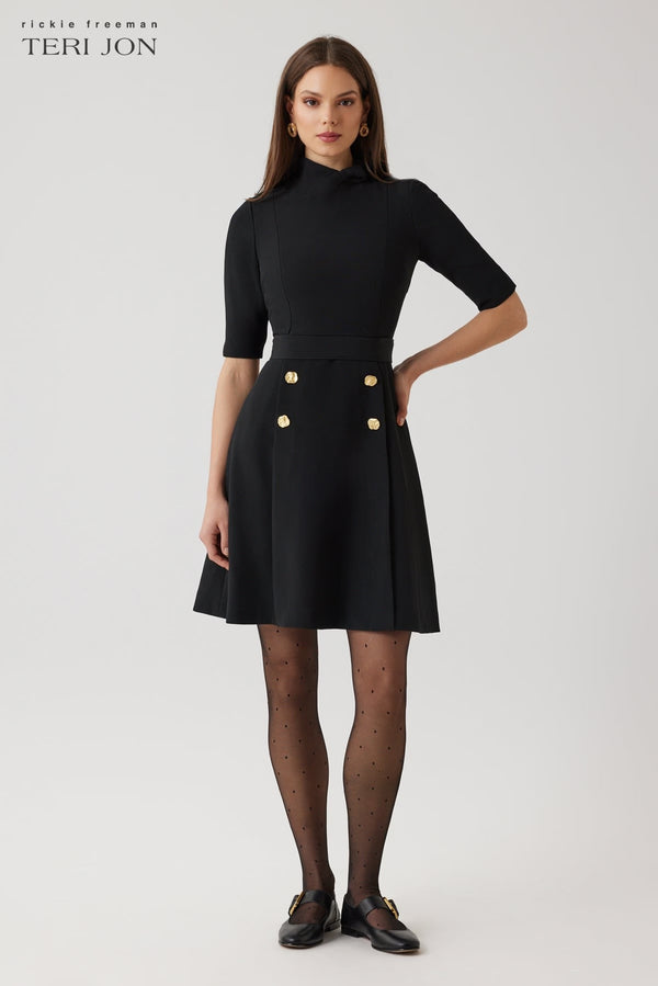 Crepe Fit And Flare Tie Neck Dress With Buttons