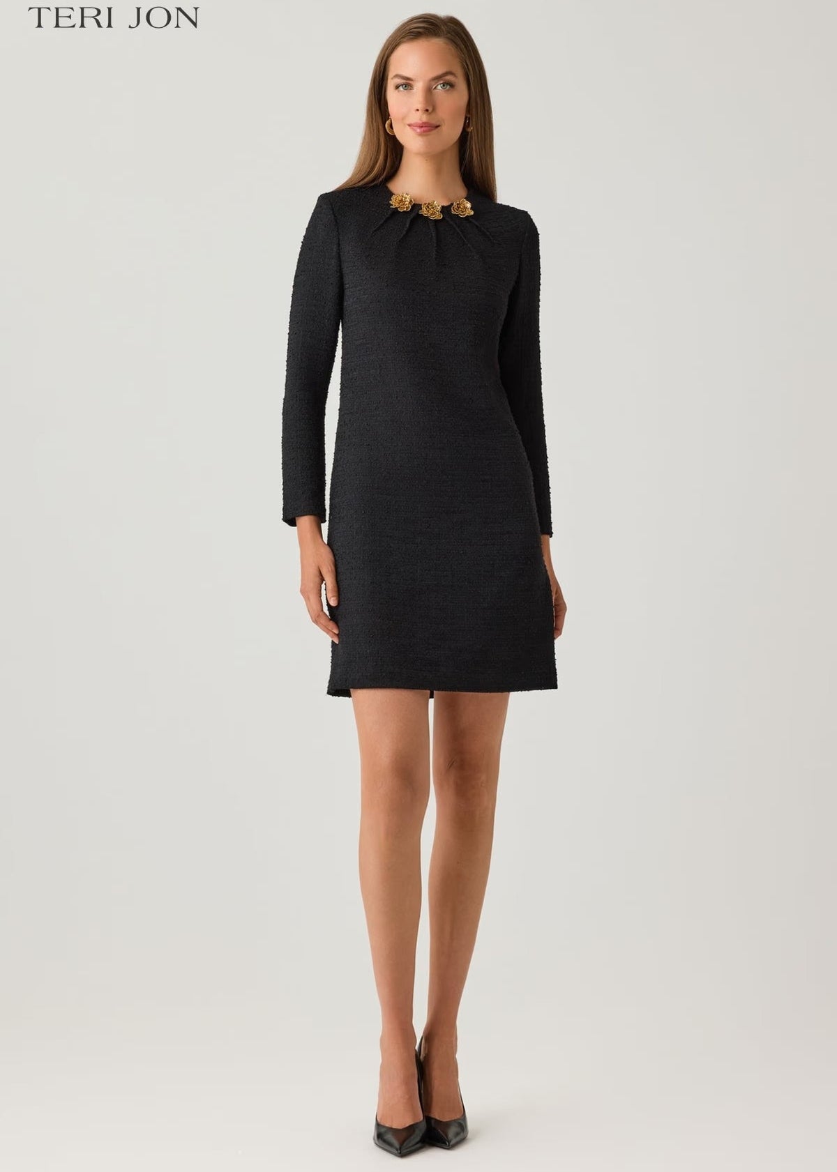 Tweed Dress with Gold Metal Three Flower Neck Applique