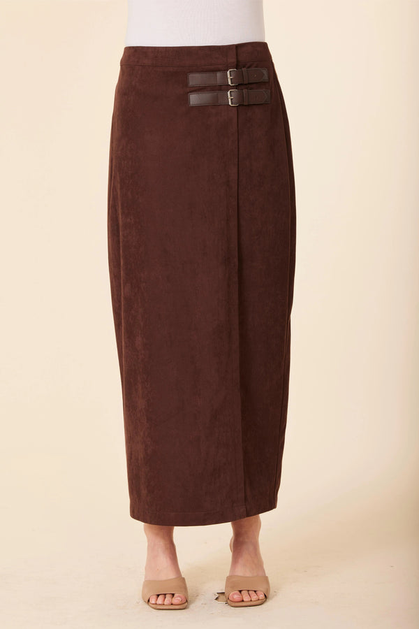 Faux Suede Buckle Long Skirt