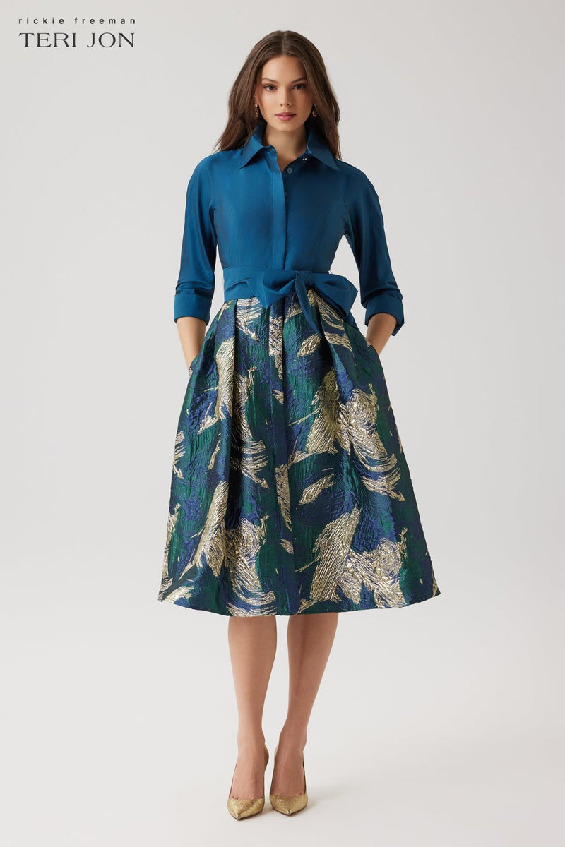 Taffeta Shirt Dress With Metallic Jacquard Skirt