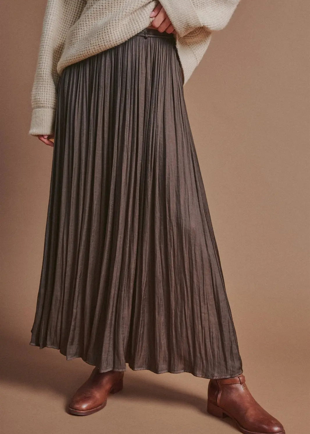 Washed Satin Crinkle Pleated Maxi Skirt