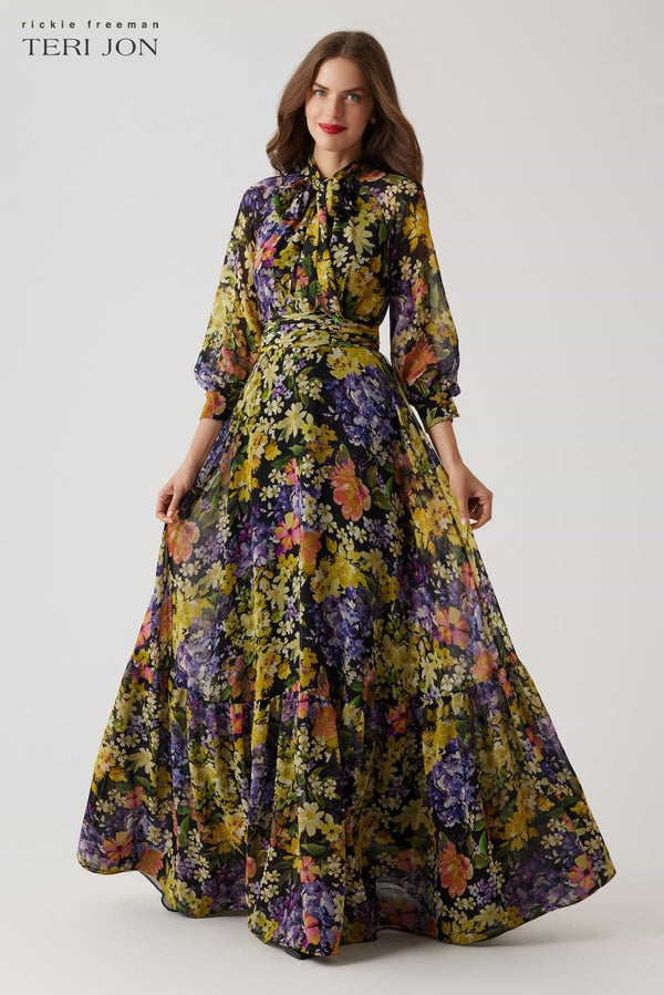 Chiffon Floral Print Tie Neck Gown