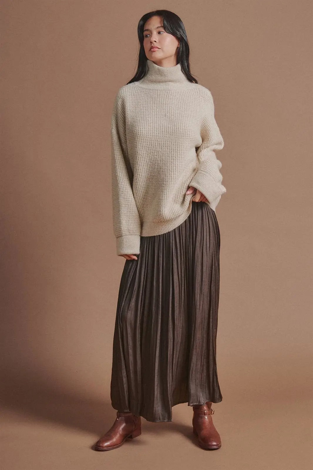 Washed Satin Crinkle Pleated Maxi Skirt