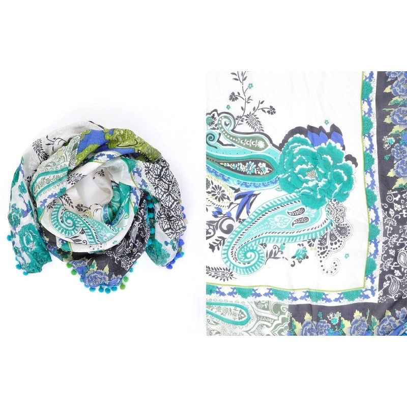 Cashmere-print Silk Square + Pompoms Scarf