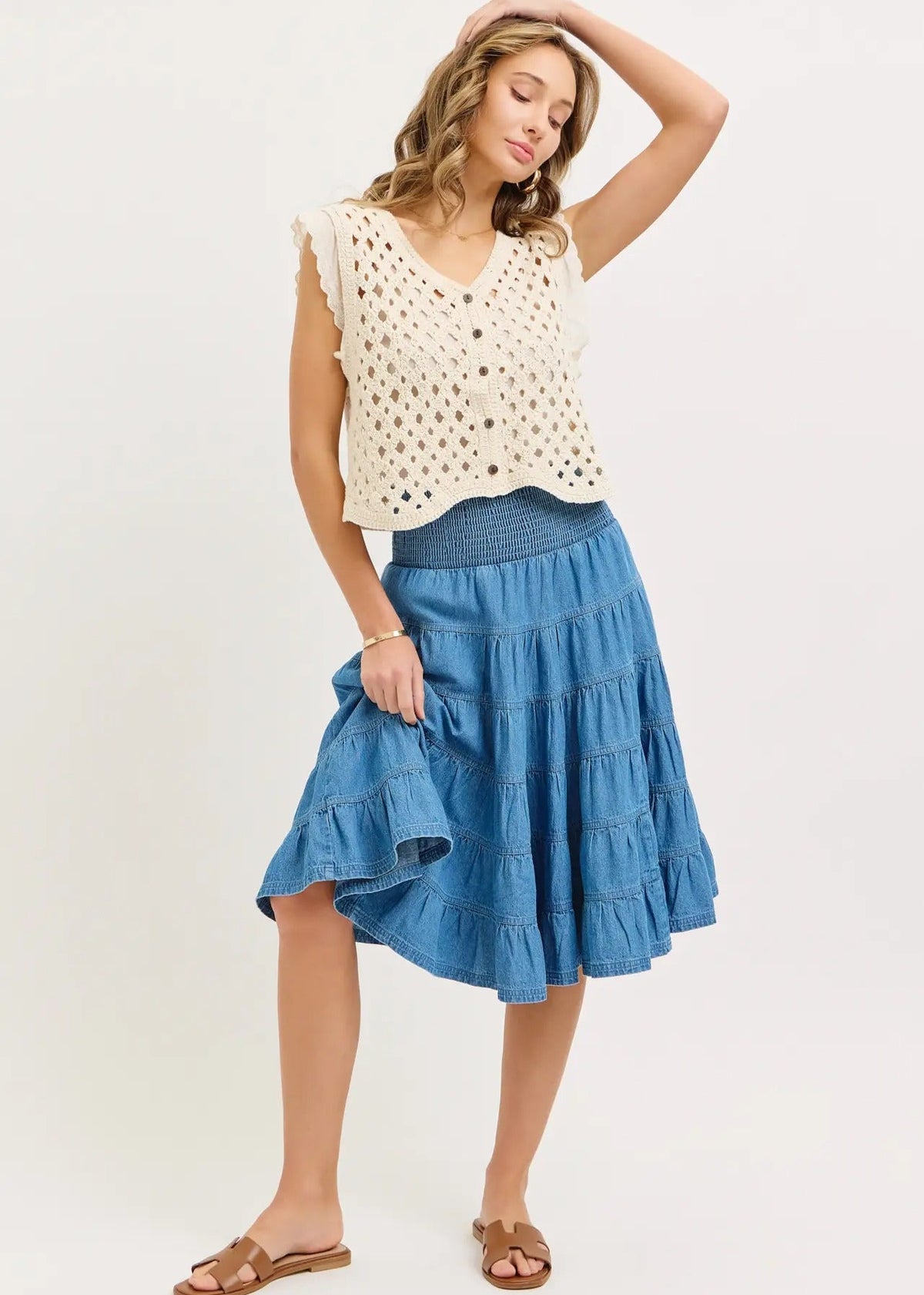 Smocked Waist Denim Skirt