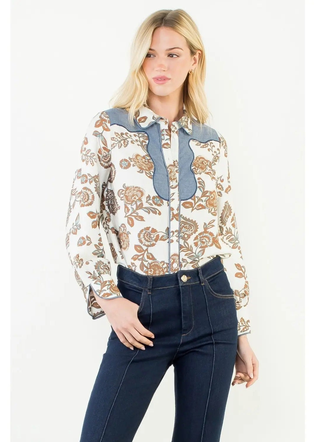 Long Sleeve Floral Detail Button Up Top