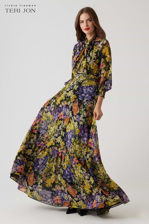 Chiffon Floral Print Tie Neck Gown