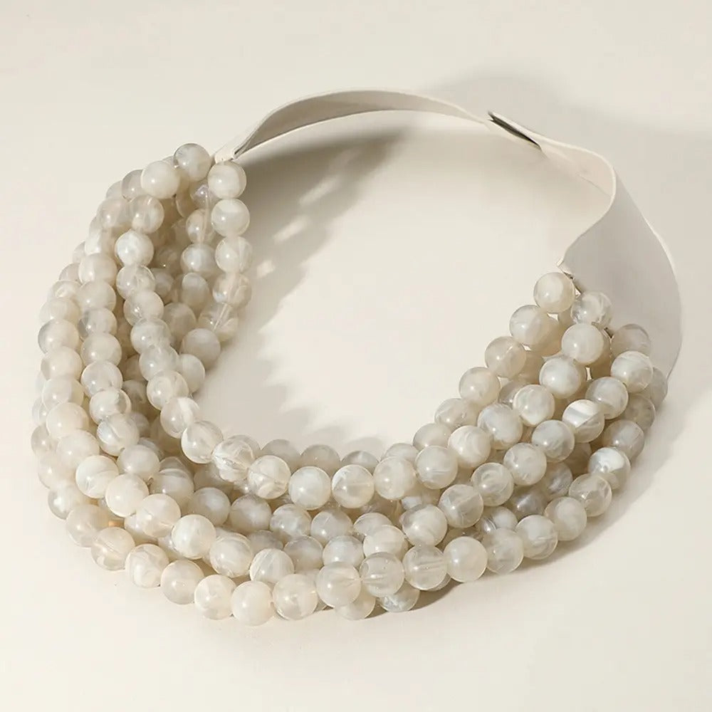 Chunky Bead Layered Magnetic Necklace: Light Gray