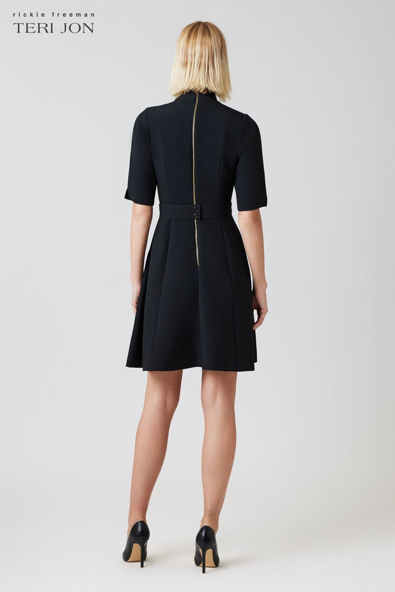 Crepe Fit And Flare Tie Neck Dress With Buttons