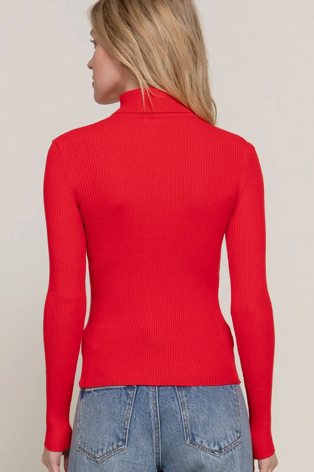 Long Sleeve Turtle Neck Fitted Viscose Rib Sweater Top