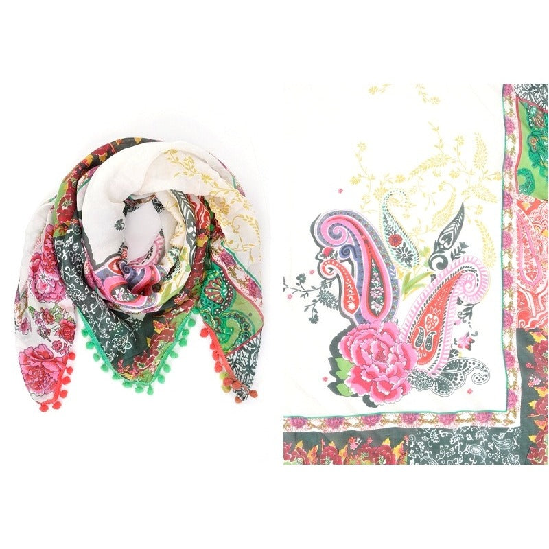 Cashmere-print Silk Square + Pompoms Scarf