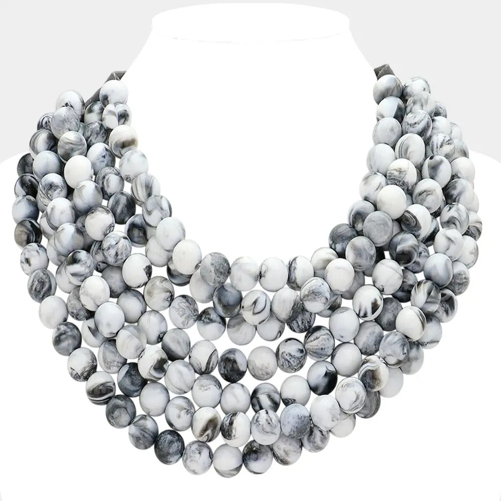 Chunky Bead Layered Magnetic Necklace: Grey