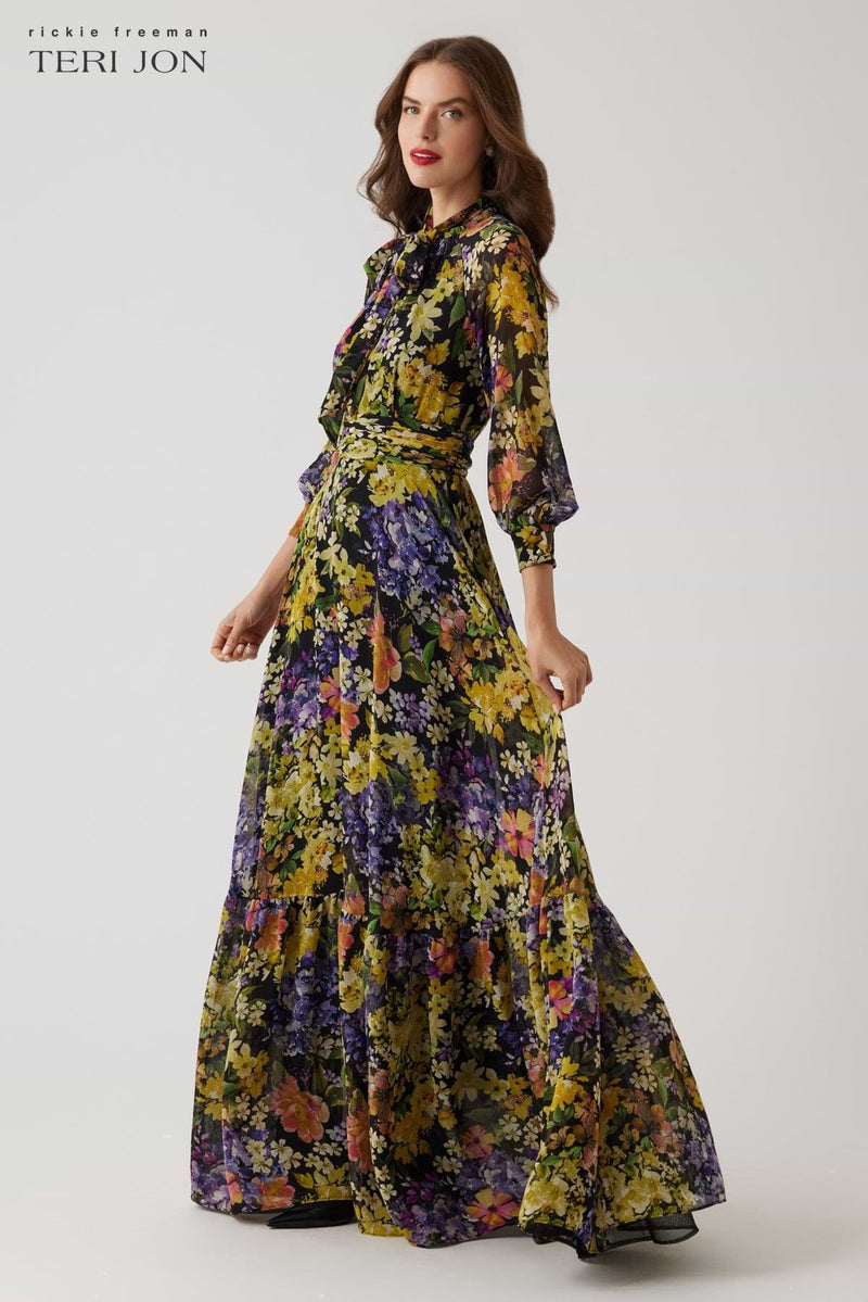 Chiffon Floral Print Tie Neck Gown