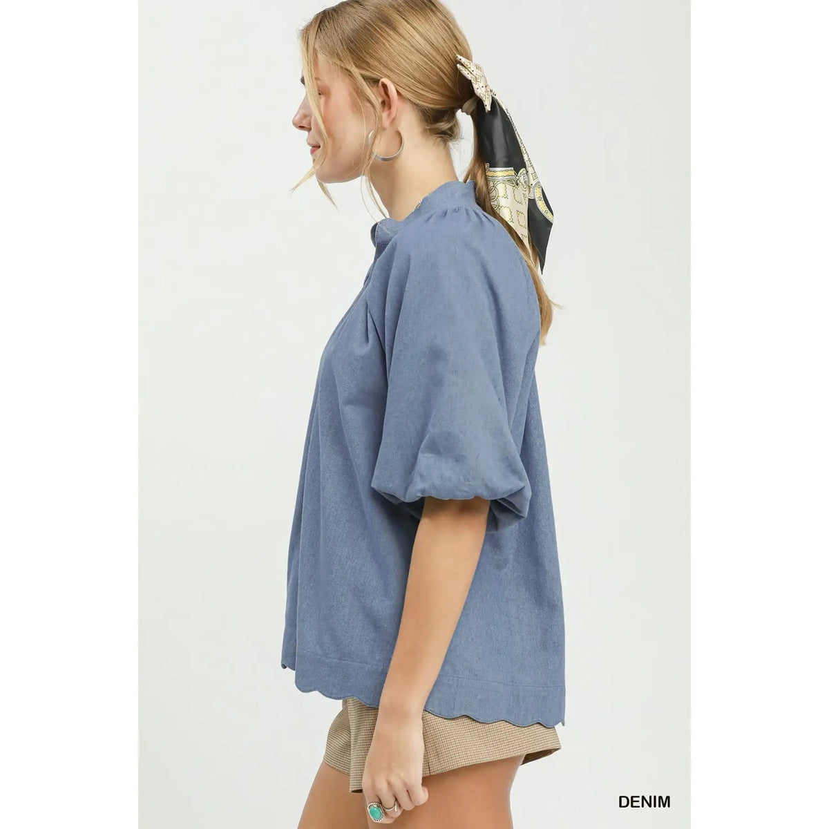 Chambray Scallop Hem Voluminous Puff Sleeve Top