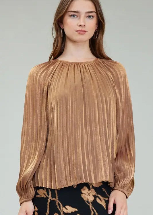 All Over Pleated Round Neck Top