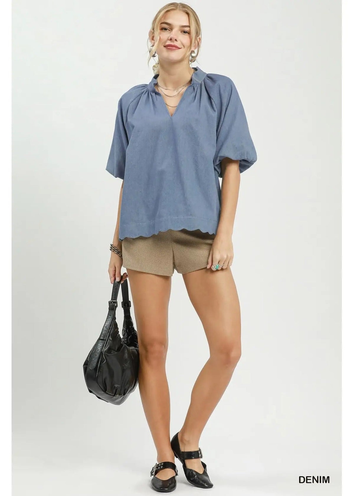 Chambray Scallop Hem Voluminous Puff Sleeve Top