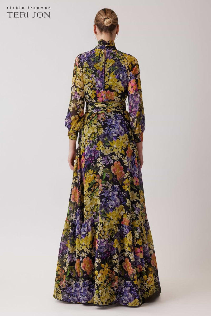 Chiffon Floral Print Tie Neck Gown