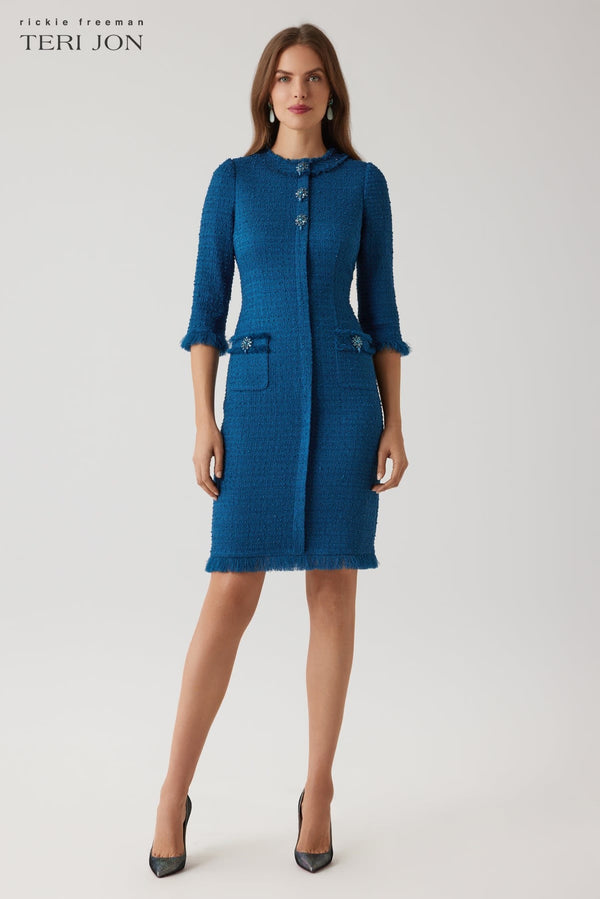Stretch Boucle Jewel Button Trim Tweed Dress