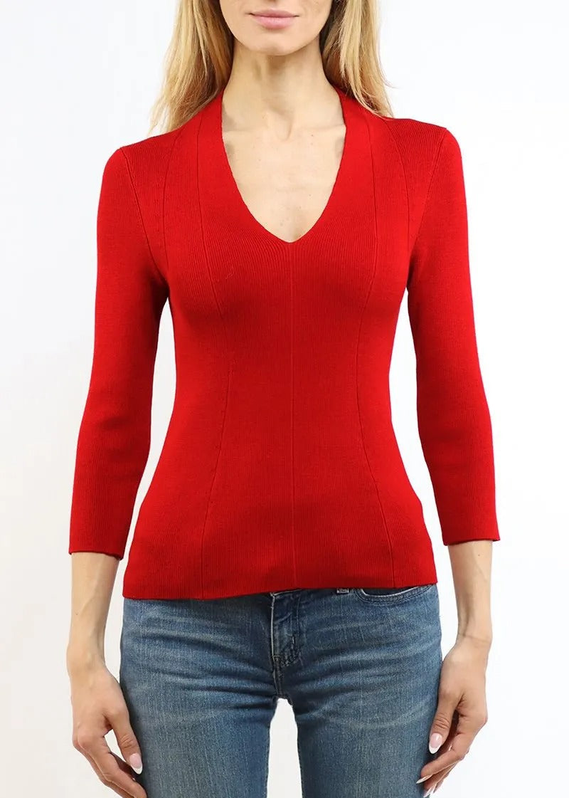 3/4 Sleeve V Neck Pullover Sweater