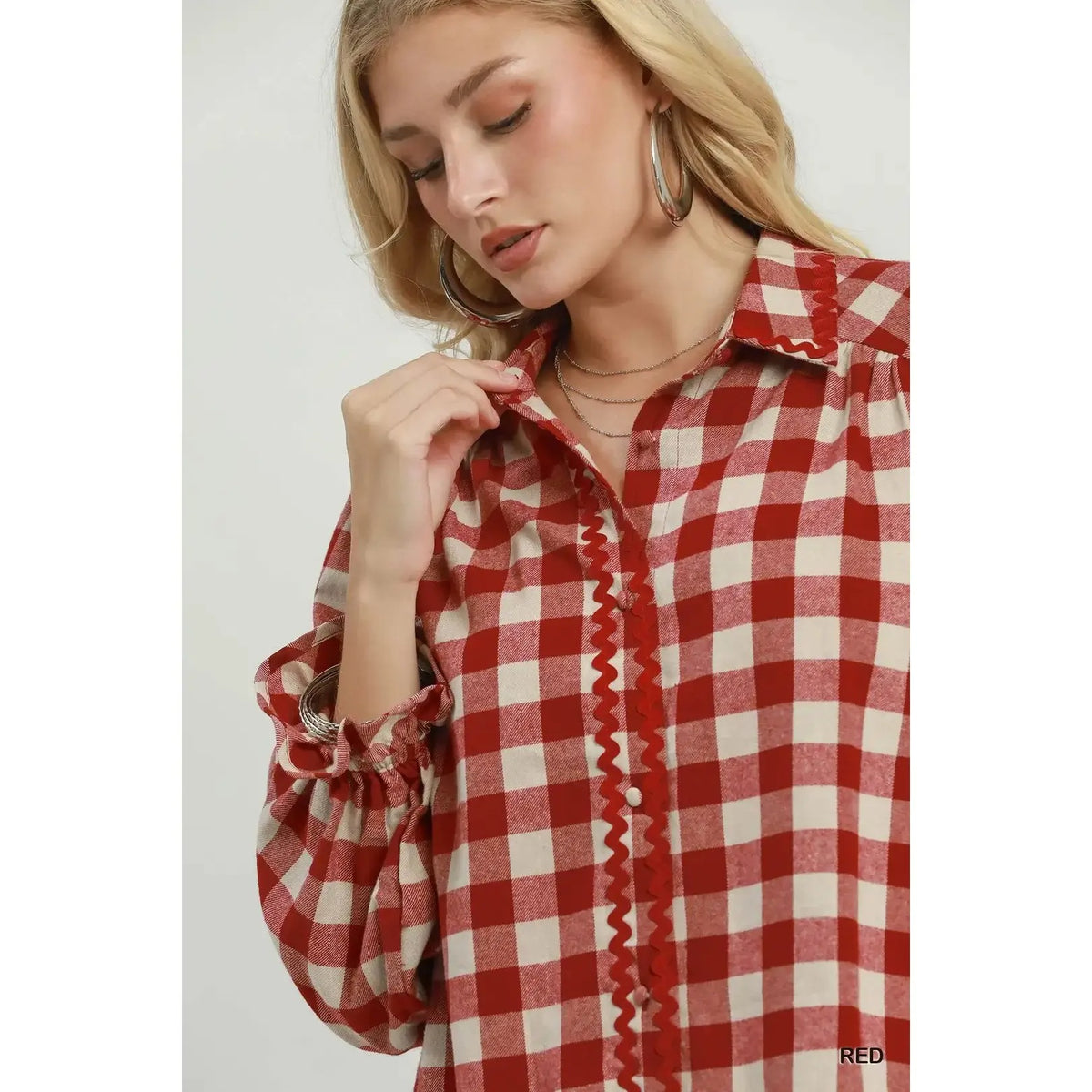 Gingham Ruffle Trim Button-Up Blouse