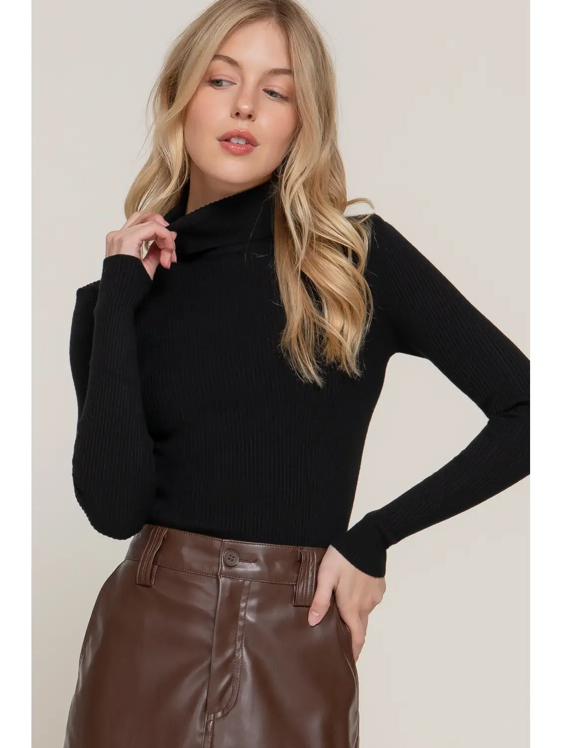 Long Sleeve Turtle Neck Fitted Viscose Rib Sweater Top