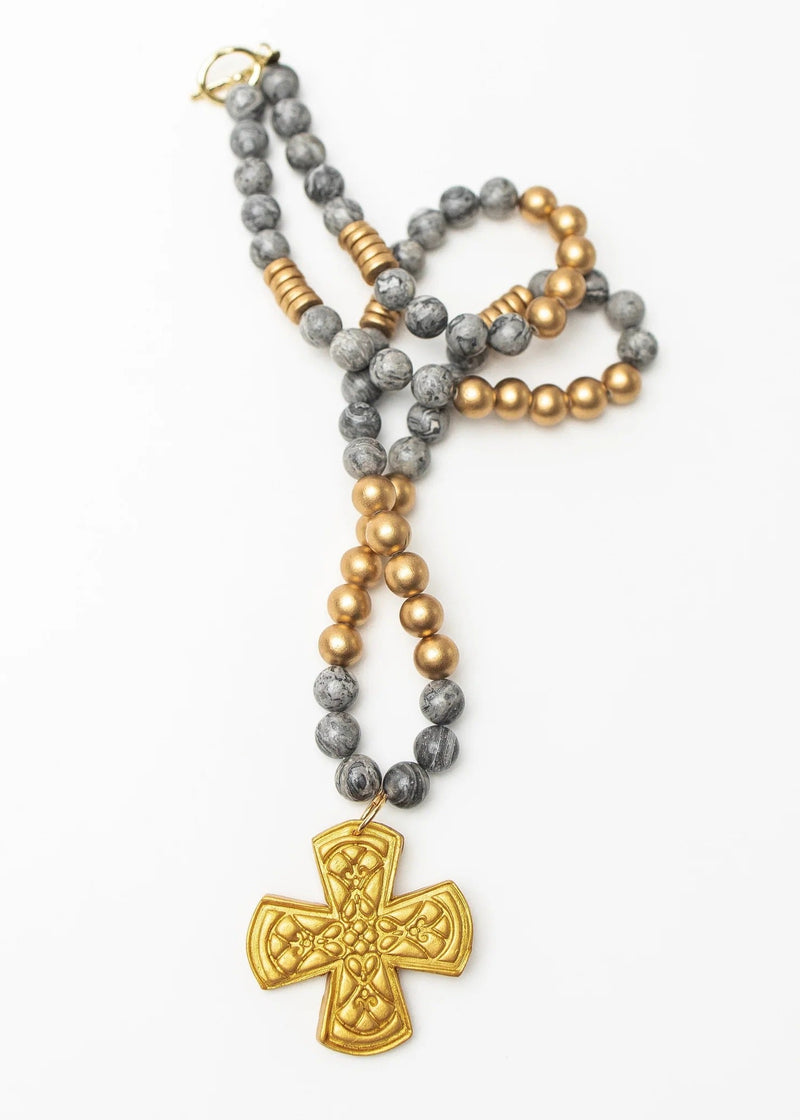 34" Gray Map Jasper with Kristin Cross