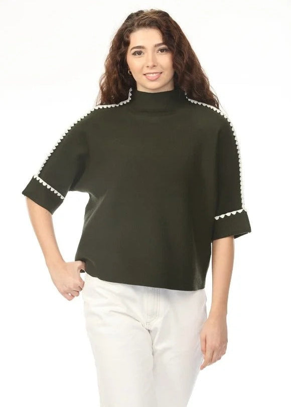 Elira Scallop Trim Mock Neck Knit