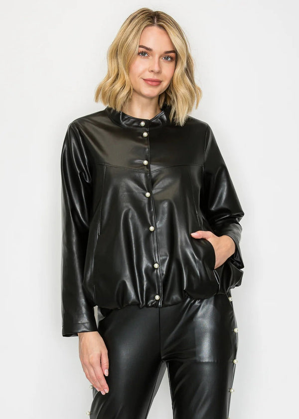 Jae Stretch Leather Jacket W/ Pearls