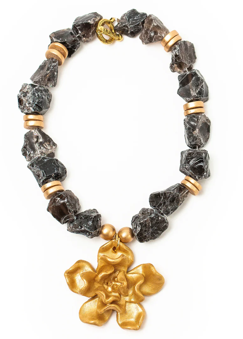 Smokey Quartz with Camellia Blossom Necklace