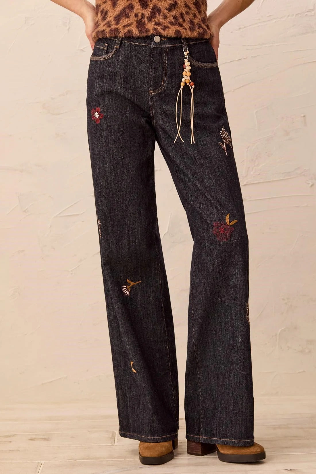 Audrey Embroidered Wide Denim With Charm