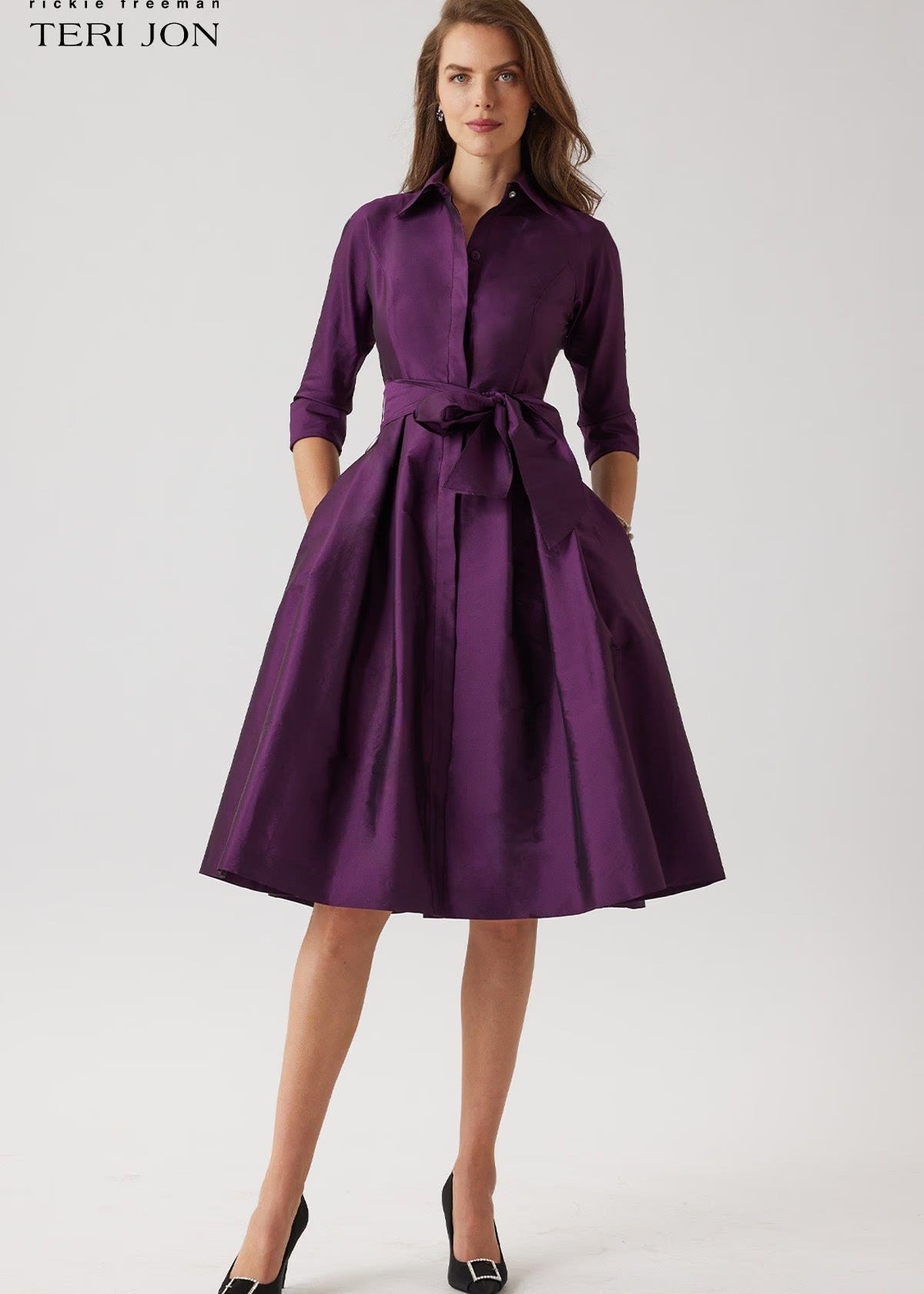3/4 Sleeve Belted Taffeta Shirt Dress