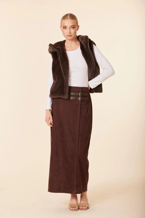 Faux Suede Buckle Long Skirt
