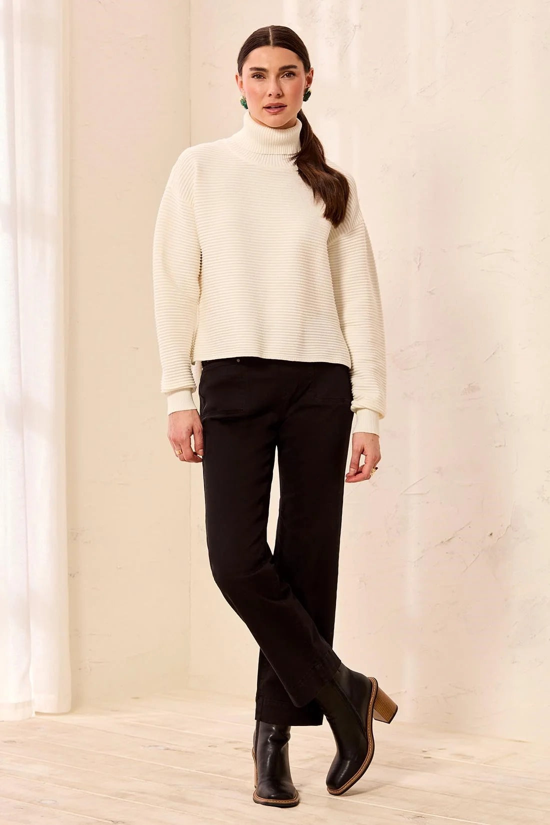 Textured Rib Mock Neck Drop Shoulder High-Low Sweater With Side Slits