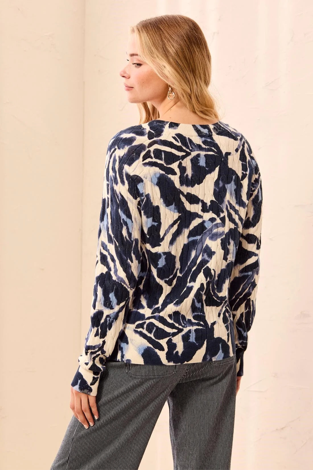 Printed Cable Cotton Crew Neck Sweater