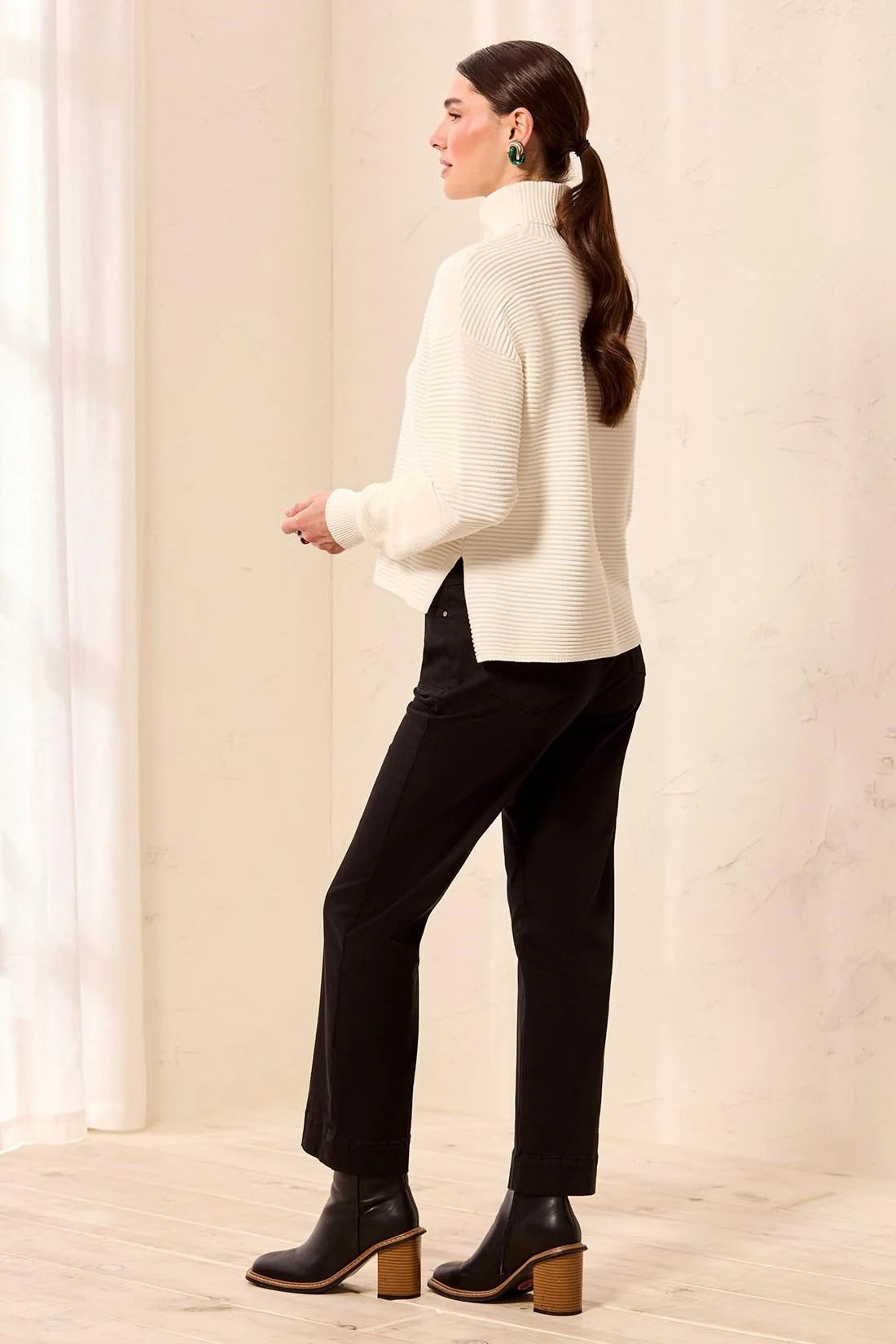 Textured Rib Mock Neck Drop Shoulder High-Low Sweater With Side Slits