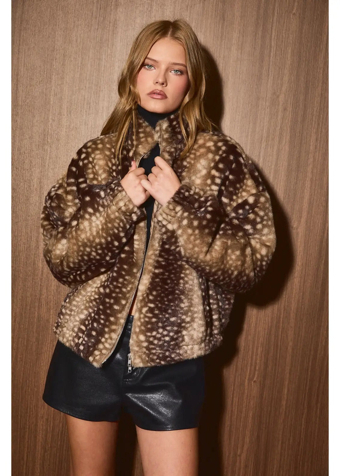 Faux Fur Deer Print Zip Jacket
