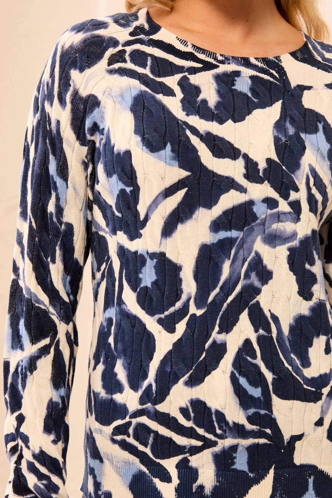 Printed Cable Cotton Crew Neck Sweater