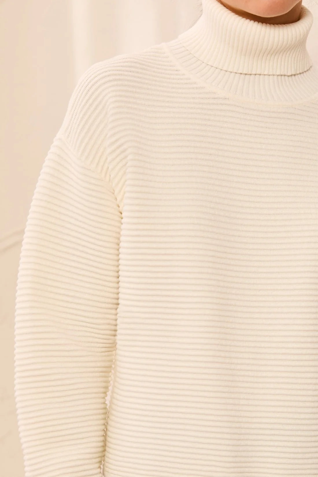 Textured Rib Mock Neck Drop Shoulder High-Low Sweater With Side Slits
