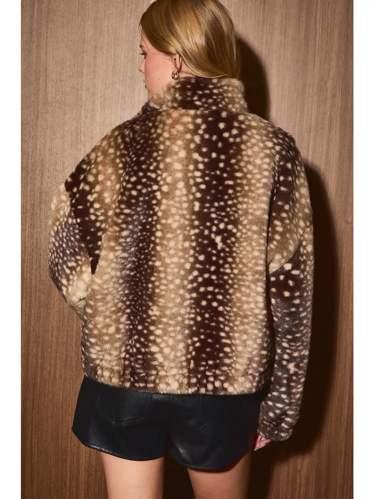 Faux Fur Deer Print Zip Jacket