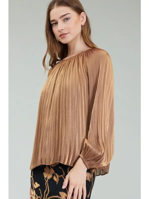 All Over Pleated Round Neck Top