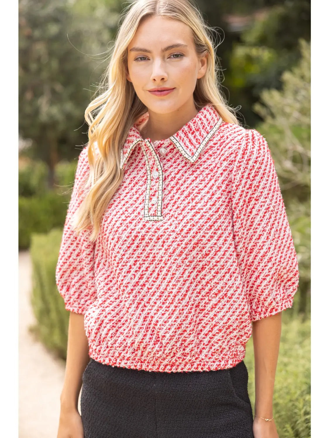 Pearl Quarter Button Collared Tweed Top