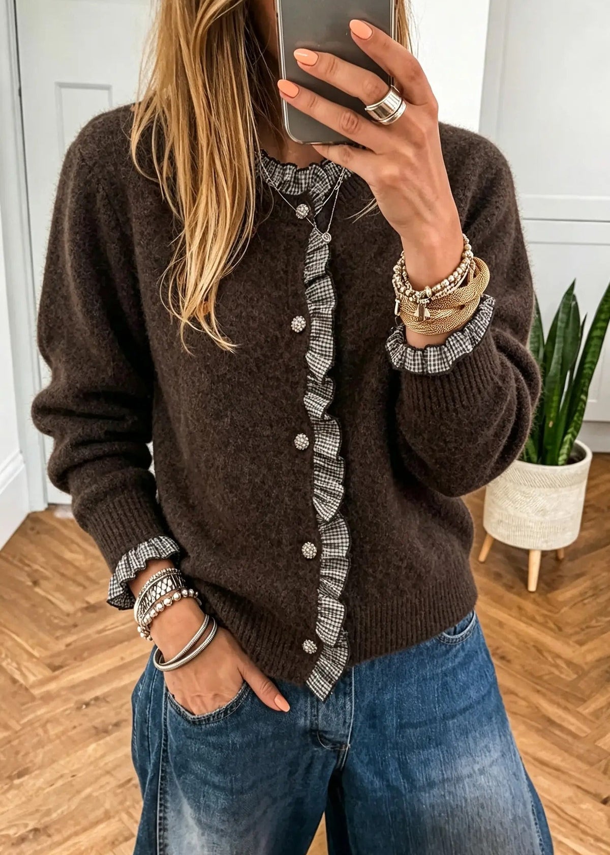 Plaid Ruffle Trim Patchwork Button Sweater Cardigan
