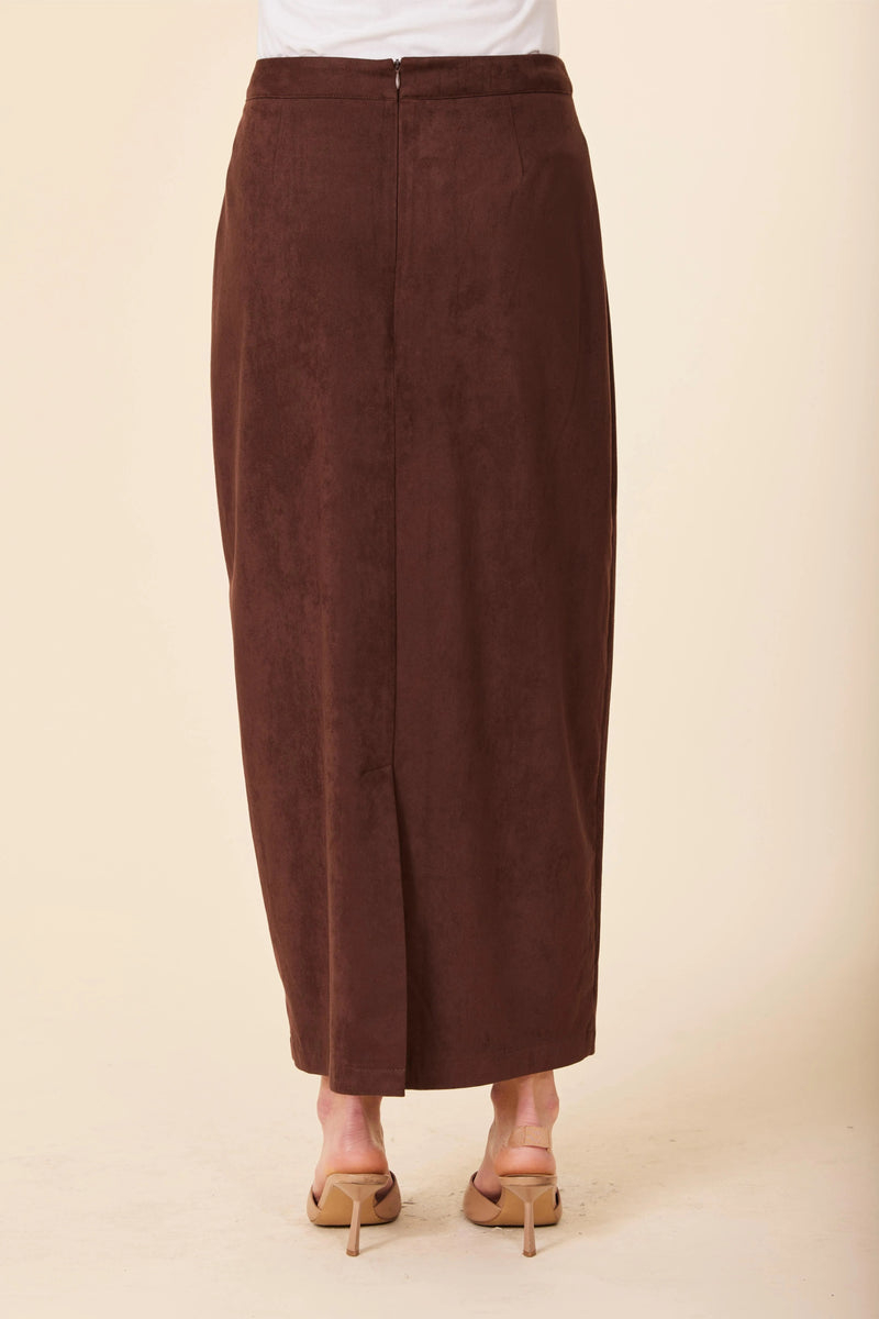 Faux Suede Buckle Long Skirt