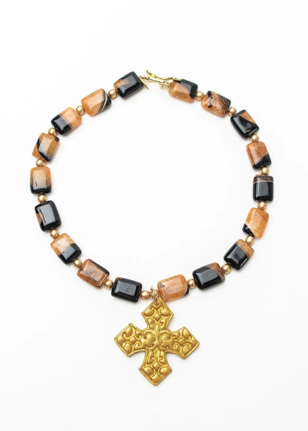18" Black and Tan Agate with Elaina Cross