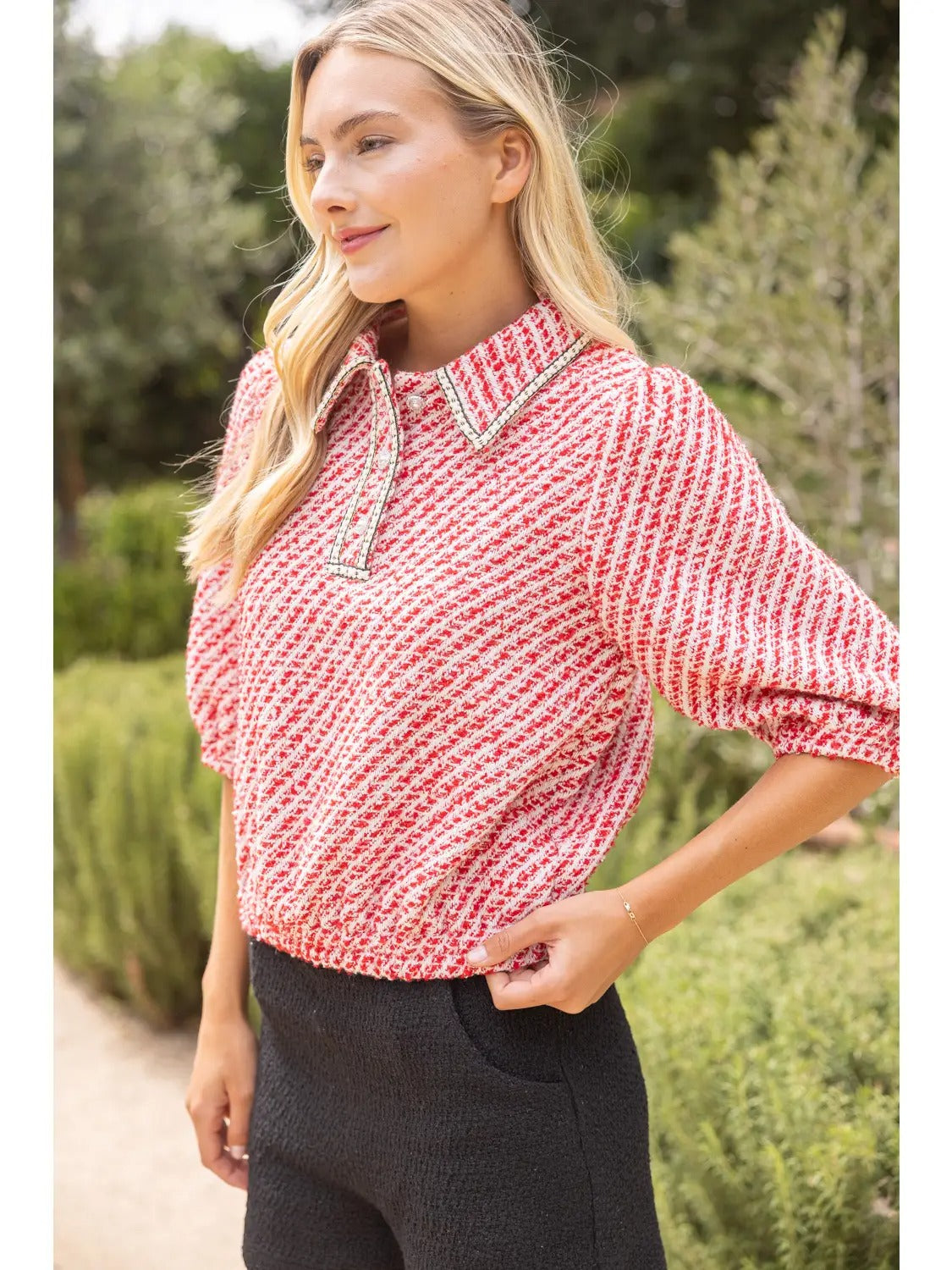Pearl Quarter Button Collared Tweed Top