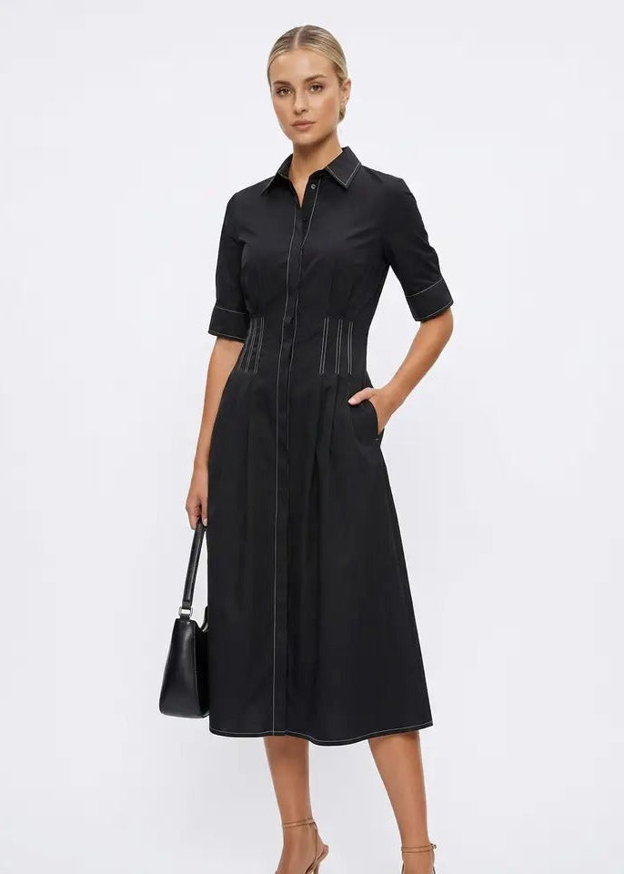 Contrast Stitch Detail W/Short Sleeve Midi Dress