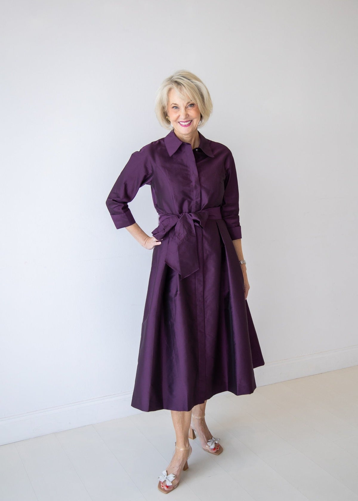 3/4 Sleeve Belted Taffeta Shirt Dress