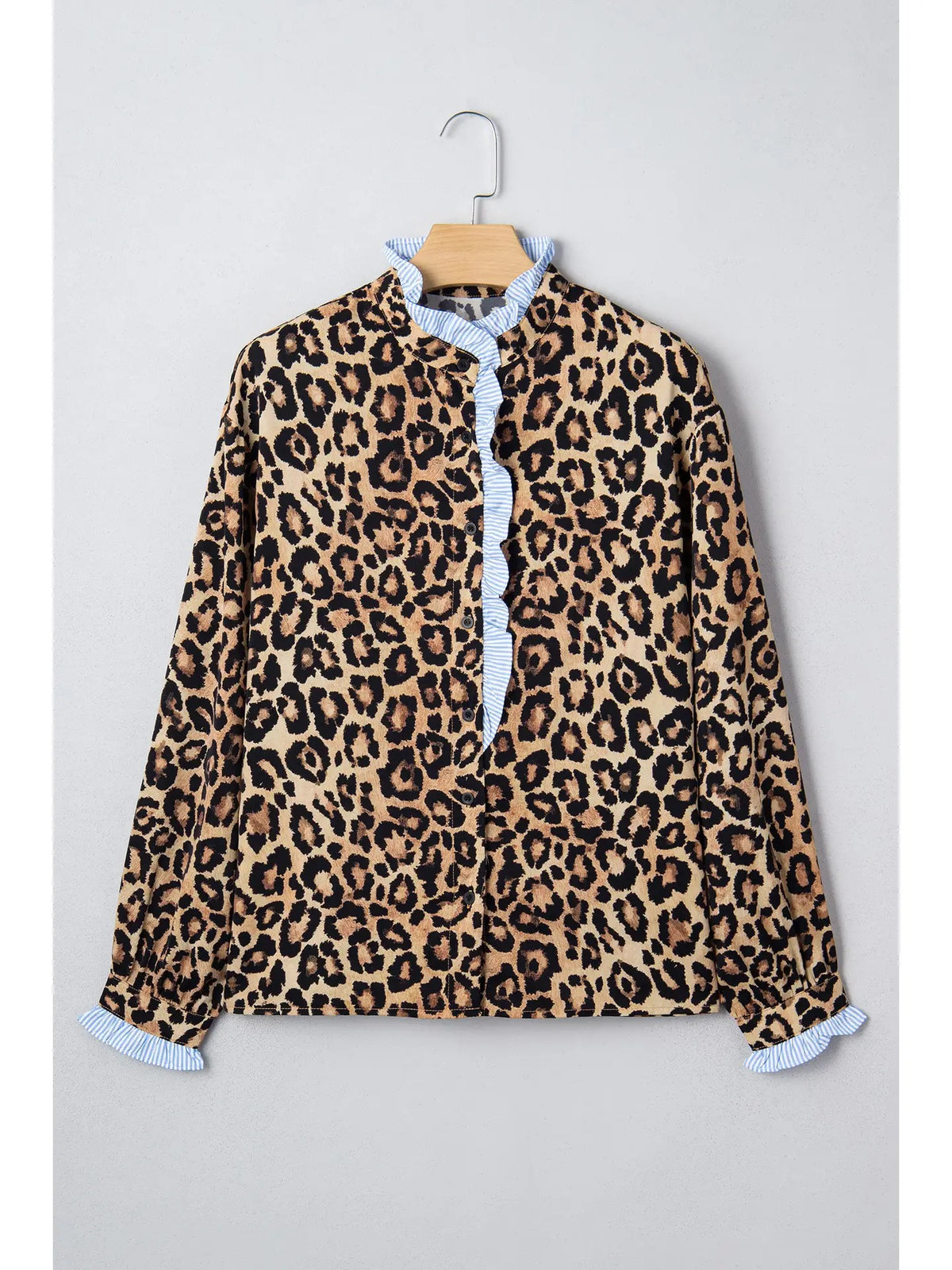 Leopard Print Stripe Frilled Mock Neck Shirt