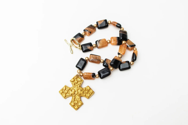 18" Black and Tan Agate with Elaina Cross